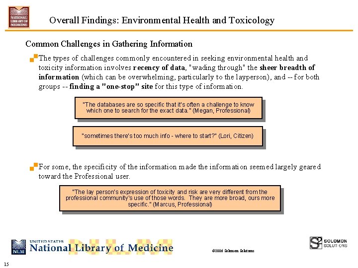 Overall Findings: Environmental Health and Toxicology Common Challenges in Gathering Information. The types of