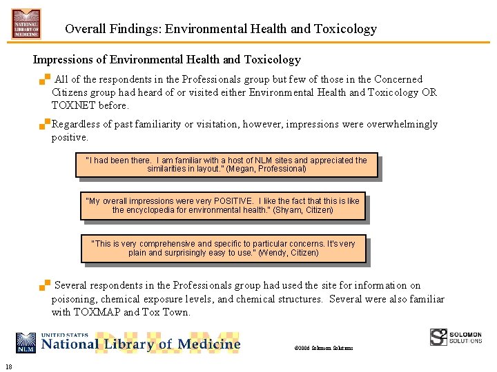 Overall Findings: Environmental Health and Toxicology Impressions of Environmental Health and Toxicology. All of