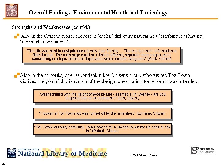 Overall Findings: Environmental Health and Toxicology Strengths and Weaknesses (cont'd. ). Also in the