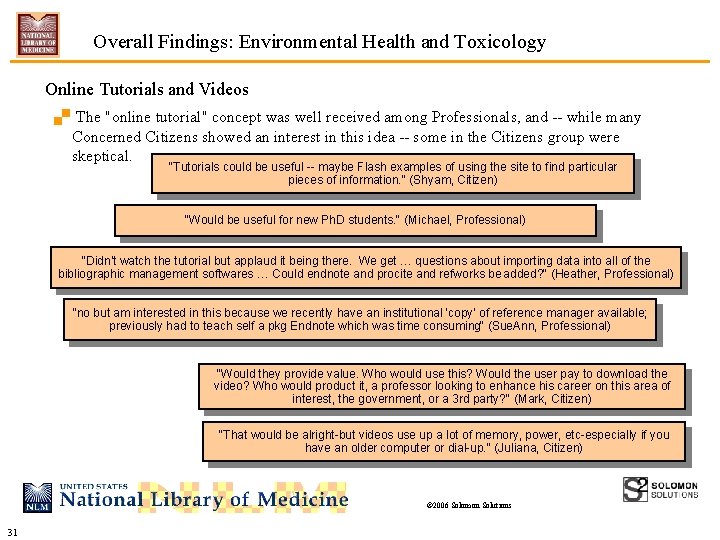 Overall Findings: Environmental Health and Toxicology Online Tutorials and Videos. The "online tutorial" concept