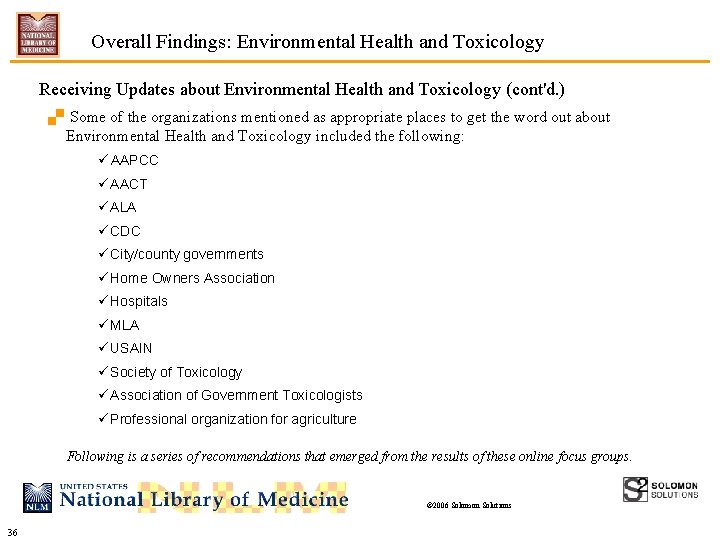 Overall Findings: Environmental Health and Toxicology Receiving Updates about Environmental Health and Toxicology (cont'd.