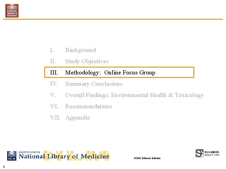I. Background II. Study Objectives III. Methodology: Online Focus Group IV. Summary Conclusions V.