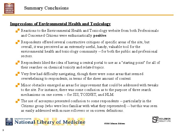 Summary Conclusions Impressions of Environmental Health and Toxicology. Reactions to the Environmental Health and