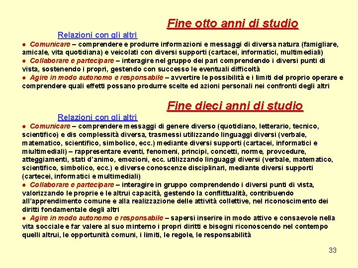 Fine otto anni di studio Relazioni con gli altri ● Comunicare – comprendere e