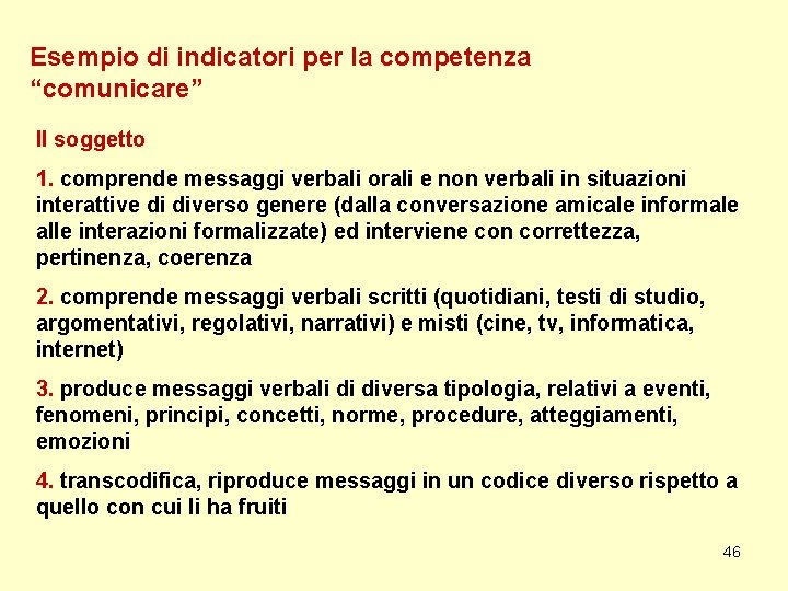 Esempio di indicatori per la competenza “comunicare” Il soggetto 1. comprende messaggi verbali orali