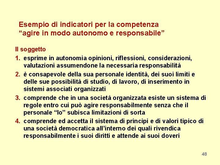 Esempio di indicatori per la competenza “agire in modo autonomo e responsabile” Il soggetto