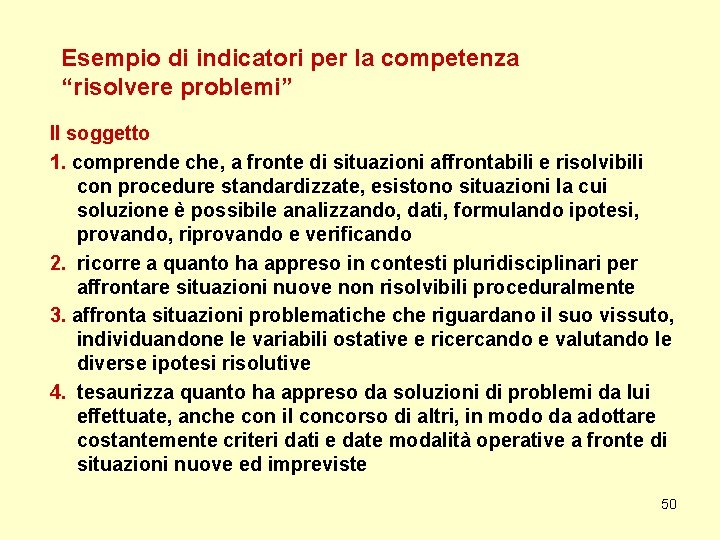 Esempio di indicatori per la competenza “risolvere problemi” Il soggetto 1. comprende che, a