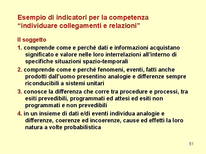 Esempio di indicatori per la competenza “individuare collegamenti e relazioni” Il soggetto 1. comprende