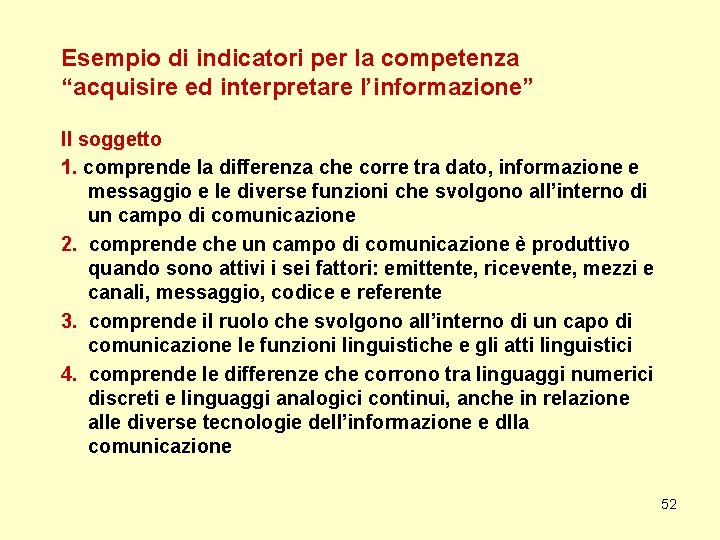 Esempio di indicatori per la competenza “acquisire ed interpretare l’informazione” Il soggetto 1. comprende
