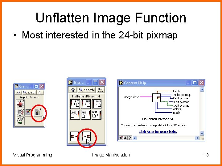 Unflatten Image Function • Most interested in the 24 -bit pixmap Visual Programming Image