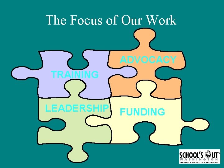 The Focus of Our Work ADVOCACY TRAINING LEADERSHIP FUNDING 