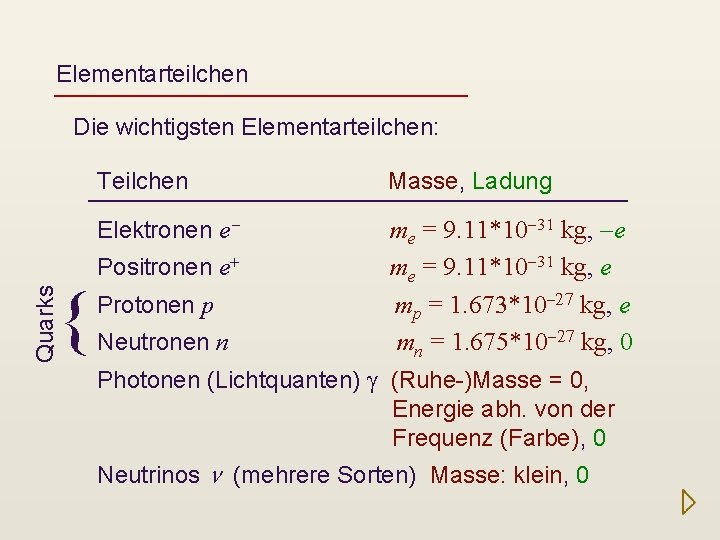 Elementarteilchen Die wichtigsten Elementarteilchen: Quarks { Teilchen Masse, Ladung Elektronen e- me = 9.