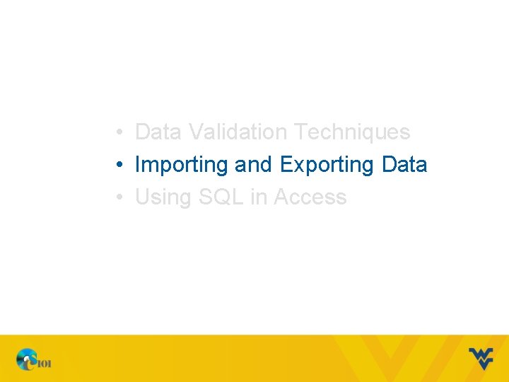  • Data Validation Techniques • Importing and Exporting Data • Using SQL in