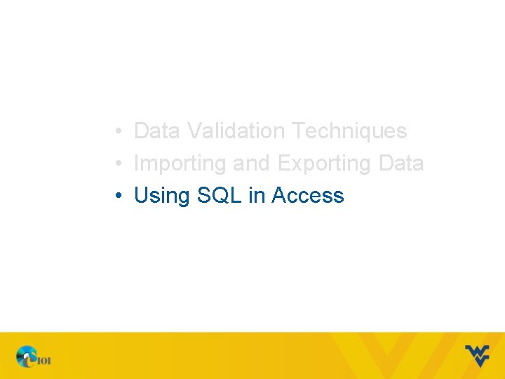  • Data Validation Techniques • Importing and Exporting Data • Using SQL in