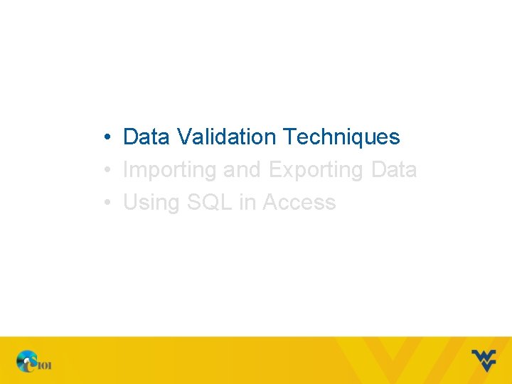  • Data Validation Techniques • Importing and Exporting Data • Using SQL in