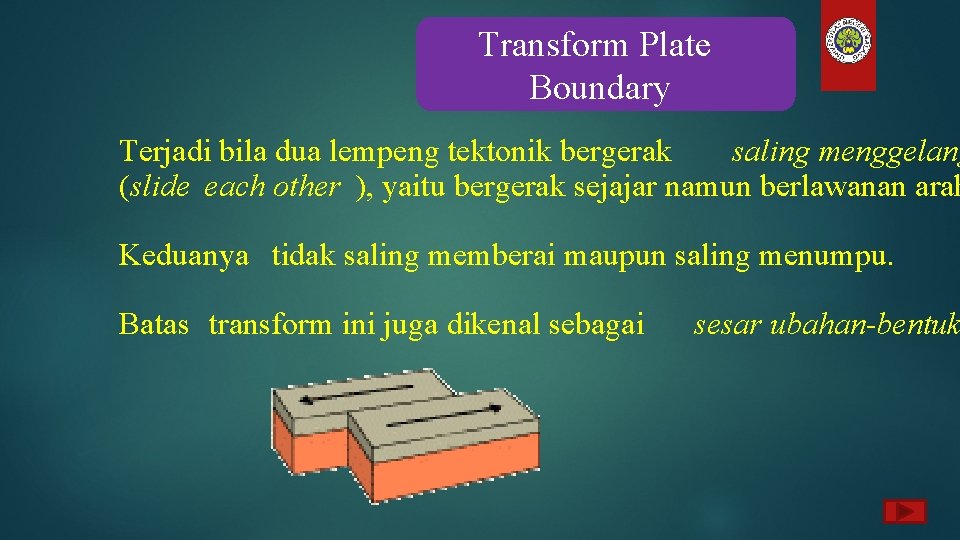 Transform Plate Boundary Terjadi bila dua lempeng tektonik bergerak saling menggelang (slide each other
