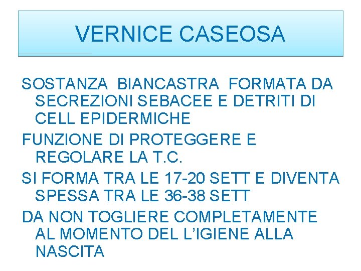 VERNICE CASEOSA SOSTANZA BIANCASTRA FORMATA DA SECREZIONI SEBACEE E DETRITI DI CELL EPIDERMICHE FUNZIONE