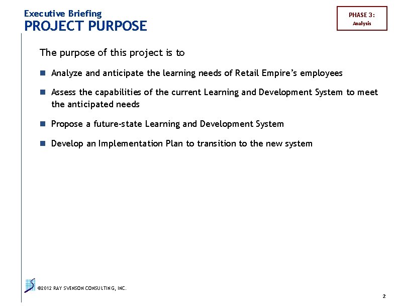 Executive Briefing PROJECT PURPOSE PHASE 3: Analysis The purpose of this project is to