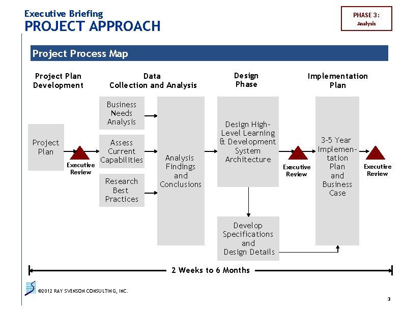 Executive Briefing PHASE 3: PROJECT APPROACH Analysis Project Process Map Project Plan Development Data