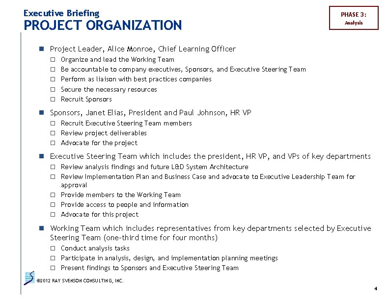 Executive Briefing PROJECT ORGANIZATION PHASE 3: Analysis n Project Leader, Alice Monroe, Chief Learning