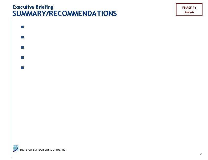 Executive Briefing SUMMARY/RECOMMENDATIONS PHASE 3: Analysis n n n © 2012 RAY SVENSON CONSULTING,