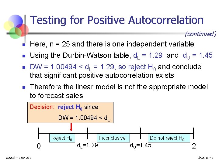 Testing for Positive Autocorrelation (continued) n Here, n = 25 and there is one