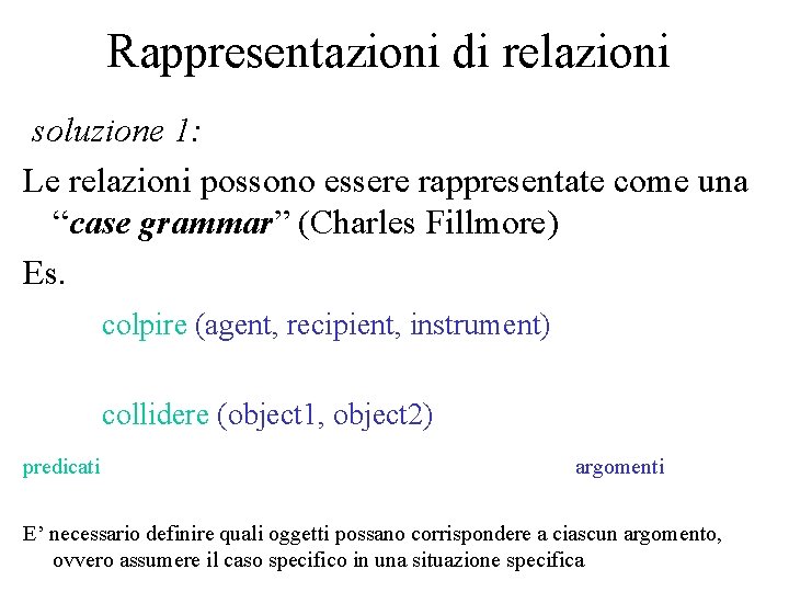 Rappresentazioni di relazioni soluzione 1: Le relazioni possono essere rappresentate come una “case grammar”