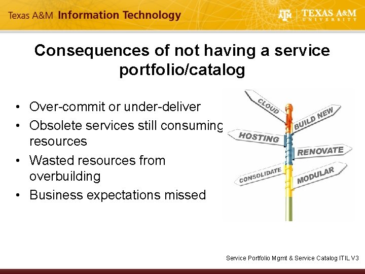 Consequences of not having a service portfolio/catalog • Over-commit or under-deliver • Obsolete services