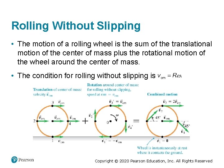 Rolling Without Slipping • The motion of a rolling wheel is the sum of