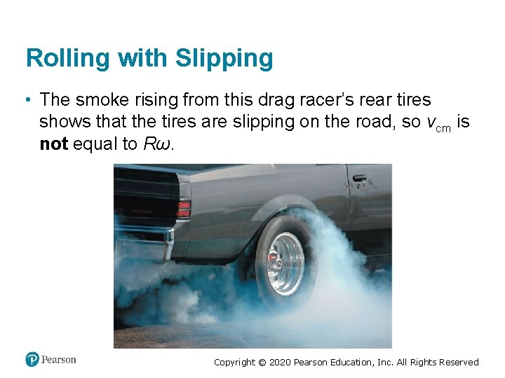 Rolling with Slipping • The smoke rising from this drag racer’s rear tires shows