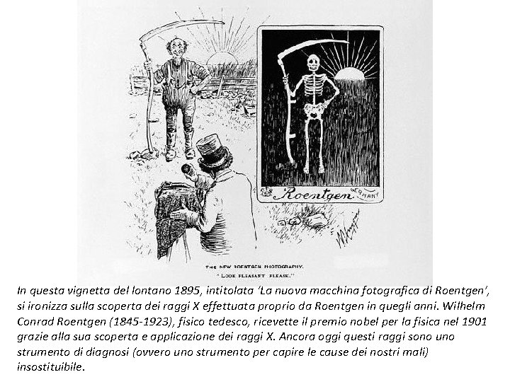 In questa vignetta del lontano 1895, intitolata ‘La nuova macchina fotografica di Roentgen’, si