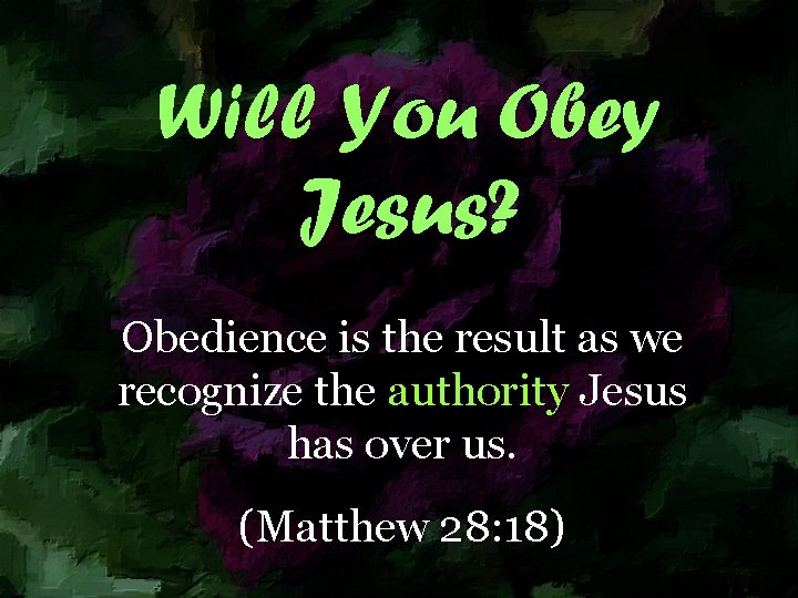 Will You Obey Jesus? Obedience is the result as we recognize the authority Jesus