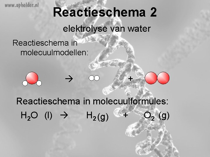 Reactieschema 2 elektrolyse van water Reactieschema in molecuulmodellen: + Reactieschema in molecuulformules: H 2