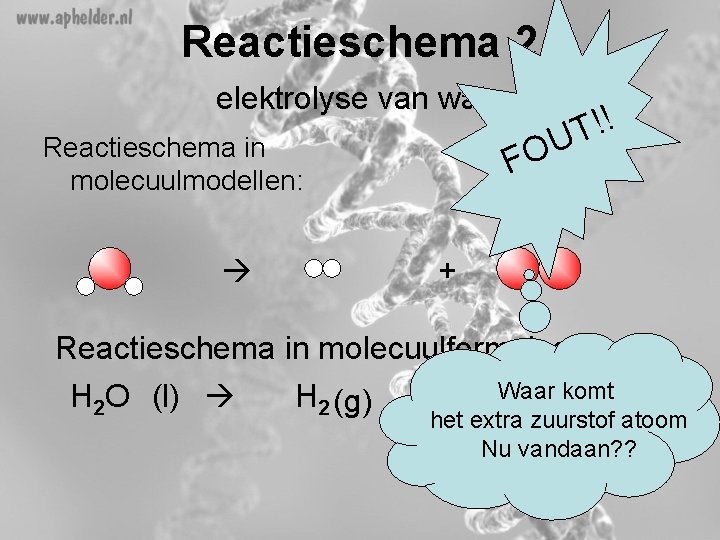 Reactieschema 2 elektrolyse van water Reactieschema in molecuulmodellen: !! T U FO + Reactieschema