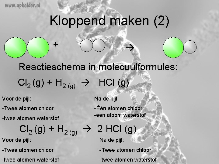 Kloppend maken (2) + Reactieschema in molecuulformules: Cl 2 (g) + H 2 (g)