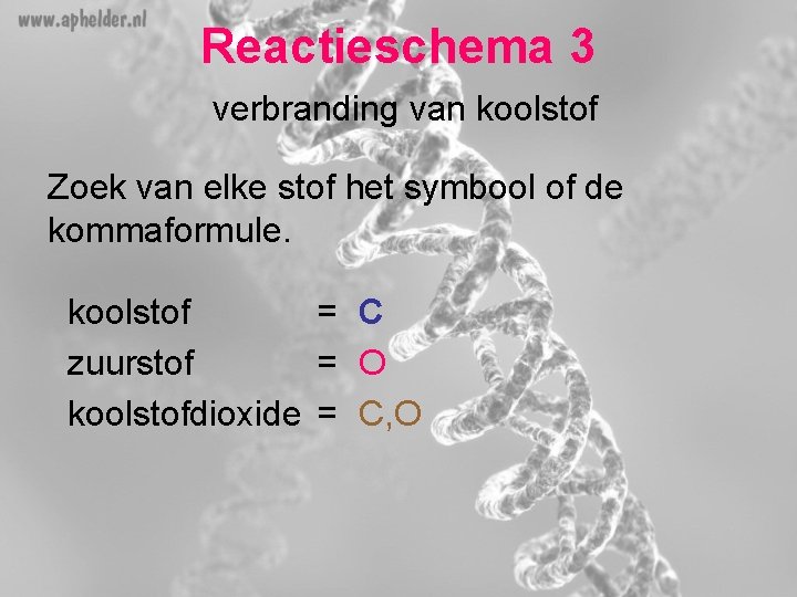 Reactieschema 3 verbranding van koolstof Zoek van elke stof het symbool of de kommaformule.