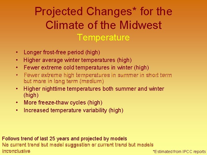 Projected Changes* for the Climate of the Midwest Temperature • • Longer frost-free period