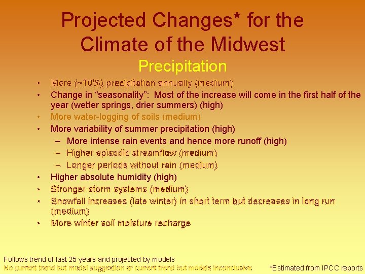 Projected Changes* for the Climate of the Midwest Precipitation • • More (~10%) precipitation