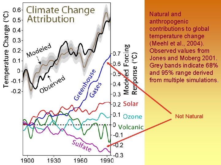Natural and anthropogenic contributions to global temperature change (Meehl et al. , 2004). Observed