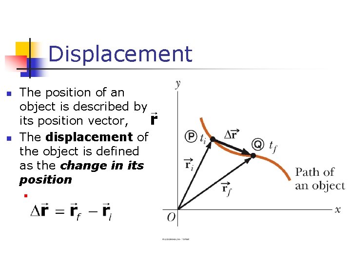 Displacement n n The position of an object is described by its position vector,