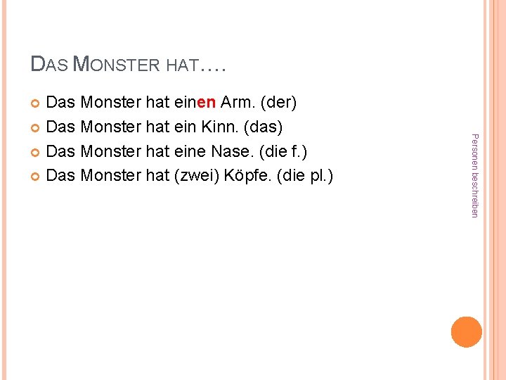 DAS MONSTER HAT…. Das Monster hat einen Arm. (der) Das Monster hat ein Kinn.