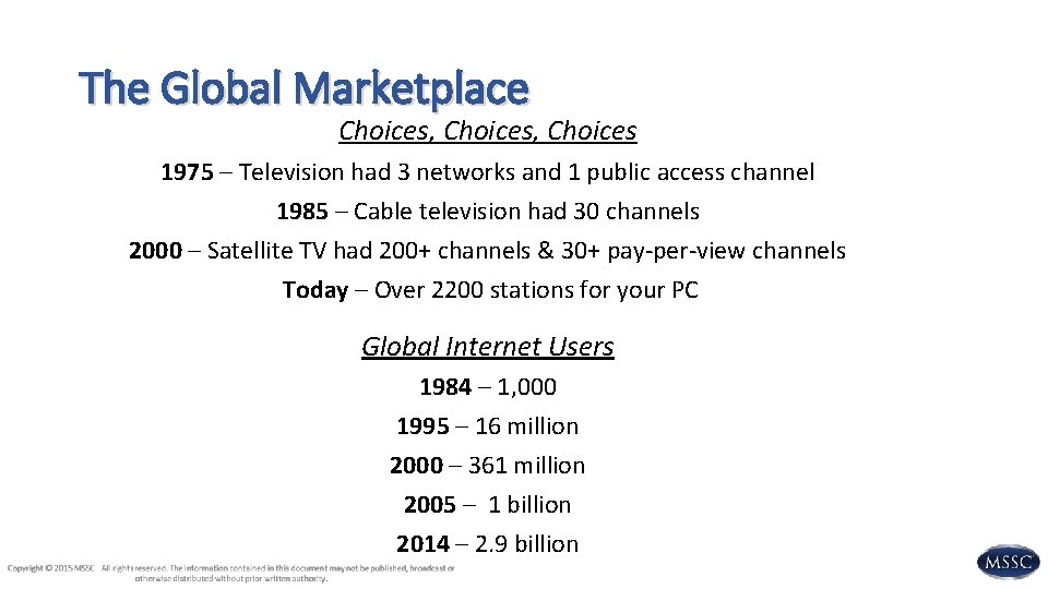 The Global Marketplace Choices, Choices 1975 – Television had 3 networks and 1 public The Global Marketplace Choices, Choices 1975 – Television had 3 networks and 1 public