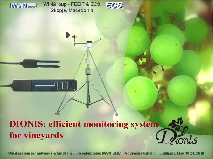 Wi. NGroup - FEEIT & ECS Skopje, Macedonia DIONIS: efficient monitoring system for vineyards