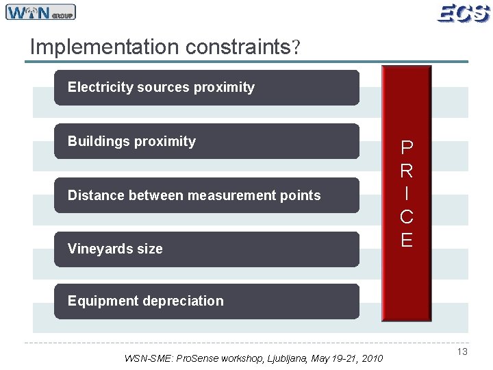 Implementation constraints? Electricity sources proximity Buildings proximity Distance between measurement points Vineyards size P