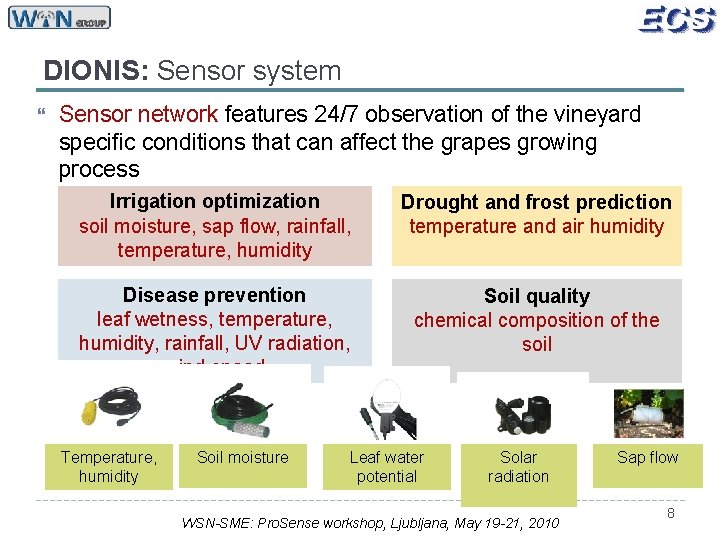 DIONIS: Sensor system Sensor network features 24/7 observation of the vineyard specific conditions that