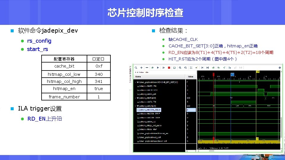 芯片控制时序检查 n 软件命令jadepix_dev n 检查结果： l rs_config l 缺CACHE_CLK l start_rs l CACHE_BIT_SET[3: 0]正确，hitmap_en正确