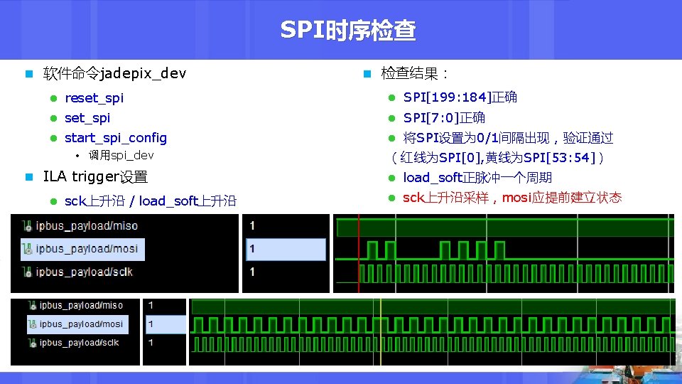 SPI时序检查 n 软件命令jadepix_dev n 检查结果： l reset_spi l SPI[199: 184]正确 l set_spi l SPI[7: