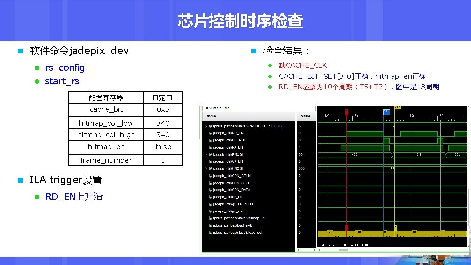 芯片控制时序检查 n 软件命令jadepix_dev n 检查结果： l rs_config l 缺CACHE_CLK l start_rs l CACHE_BIT_SET[3: 0]正确，hitmap_en正确