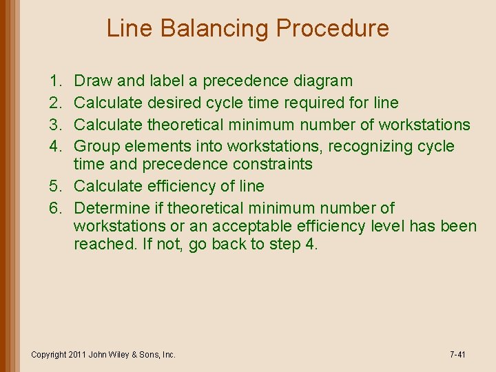 Line Balancing Procedure 1. 2. 3. 4. Draw and label a precedence diagram Calculate