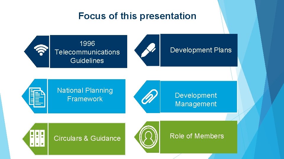 Focus of this presentation 1996 Telecommunications Guidelines National Planning Framework Circulars & Guidance Development